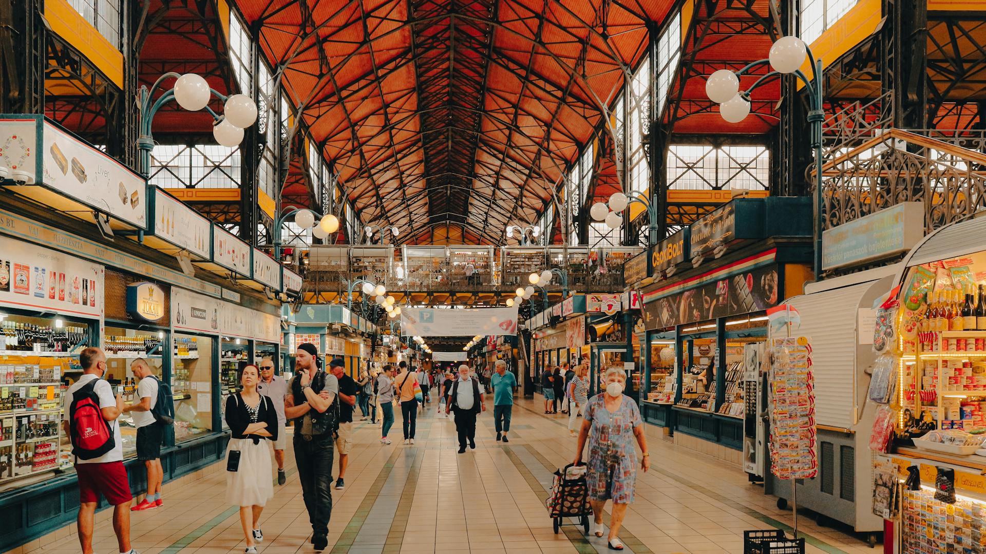 A shopping mall full of shoppers.